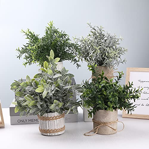 Pengyee Artificial Topiaries Plants & Flowers, 4 Pcs Mini Plants Artificial Potted Set Fake Green Grass Plant Faux Plastic Topiary For Home Office Desk Bathroom Kitchen Counter Decoration (Mixed) #TOP7