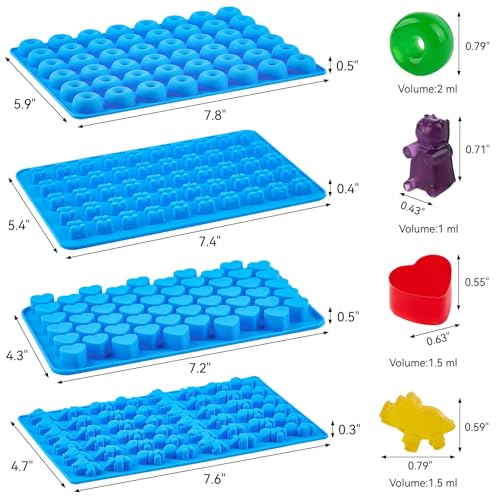 Image of Puyeipt 4 PCS Silicone Gummy Candy Molds, 201 Cavities Non-Stick Mini Size Gummy Bear, Dinosaur, Heart and Donut Molds with 2 Droppers for Small Hard Candies, Jello, Chocolates