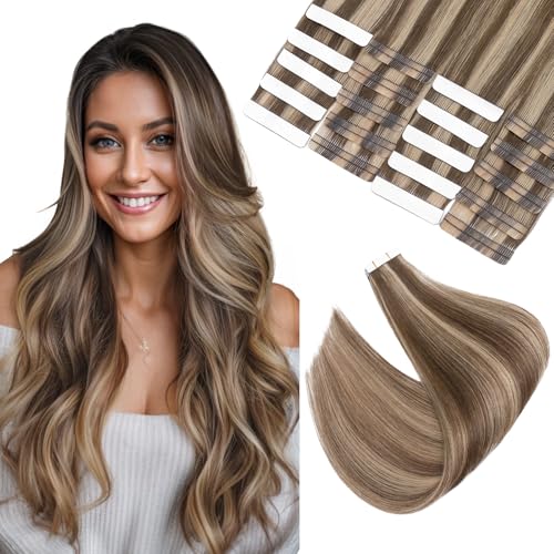 Image of Elailite Tape in Hair Extensions Human Hair Thick Real Remy Hairpieces Medium Brown & Dark Blonde 22 Inch 50g 20pcs Straight Invisible Seamless Skin Weft Best Tape for Women