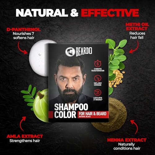 Image of BEARDO Beard & Hair Shampoo Color | Natural Black | 100% Grey Coverage | 5 Minute Hair Colour | Ammonia Free | With Natural Actives | No Stain Beard Colour | 20ml X 5