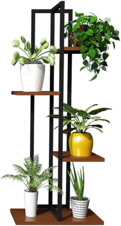 Metal Iron 4-Tier Flower Stands Garden Decor Plant Pot Standing Shelf Wooden Rack Storage Display Black Shelf Home Decor -40×20×100cm(C)