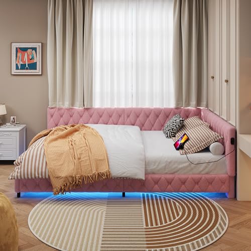 Tagesbett 140x200 mit LED und USB, Polsterbett mit Lattenrost, Schlafsofa 140x200, Jugendbett Einzelbett, Teddy Velvet, Ohne Matratze (Rosa) – Bild 5