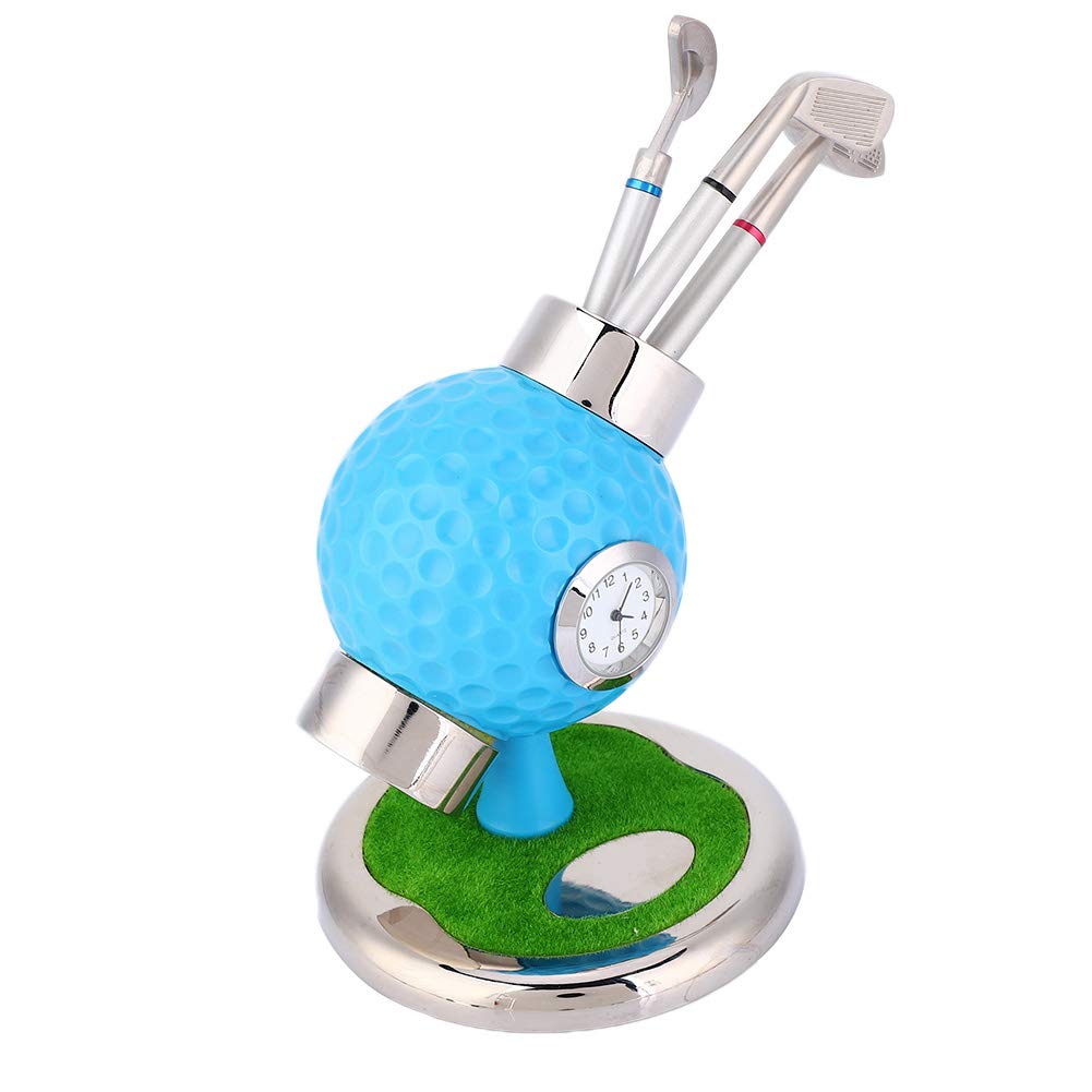 Stifthalter in Golfballform, Bleistiftvase, Desktop-Set mit Uhr und 3 Stiften für das Arbeitszimmer (Blau)