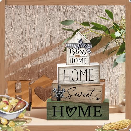 Image of Moucuny 4 Pcs Wooden Farmhouse Table Decor Rustic Home Sweet Home Stacked Blocks Decoration Farmhouse Tiered Tray Decor Decorative Eucalyptus Block Signs Bless Gift for Kitchen Shelf Coffee Table