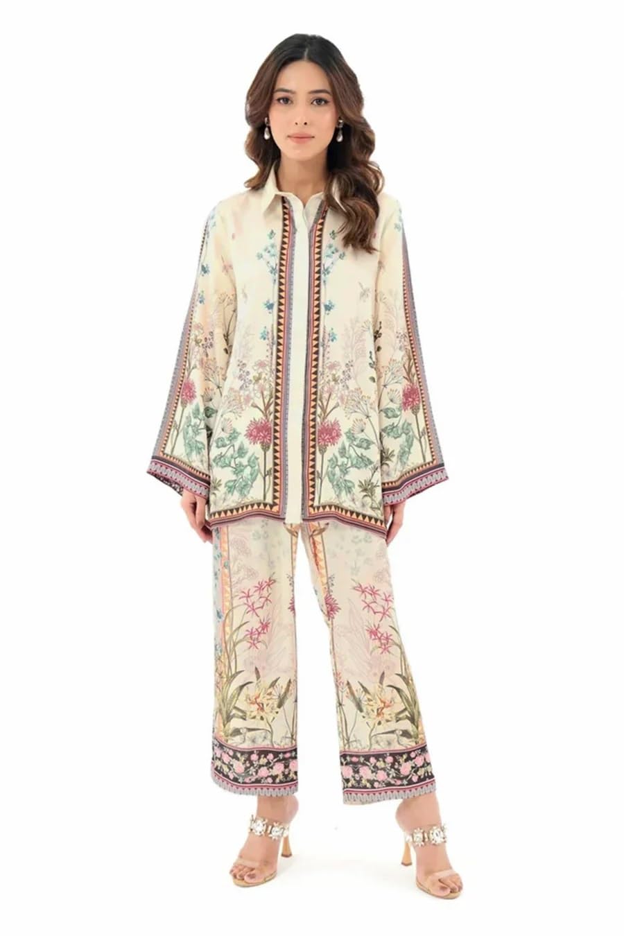 shine n' show - forever gorgeous Women's Floral Printed Coordinated Set, Cream Embroidered Tunic with Matching Pants, Traditional Pakistani Style Suit-picture-43