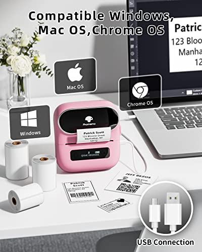 Phomemo M220 Portable Thermal Label Makers - Wireless Thermal Label Printer For Address, Labeling, Mailing, Office Supplies Organizing, Bluetooth Small Label Makers Easy To Use, With 3 Pcs Roll Pink #TOP3