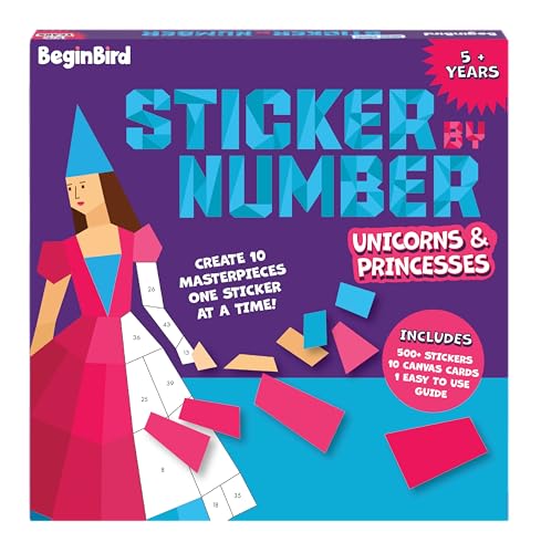BeginBird Sticker By Number DIY Art Activity Fairy Tales,Craft Kits & Supplies, Mess-Free Fun For Kids,Unicorns and Princesses,10 Magical Artworks, 50