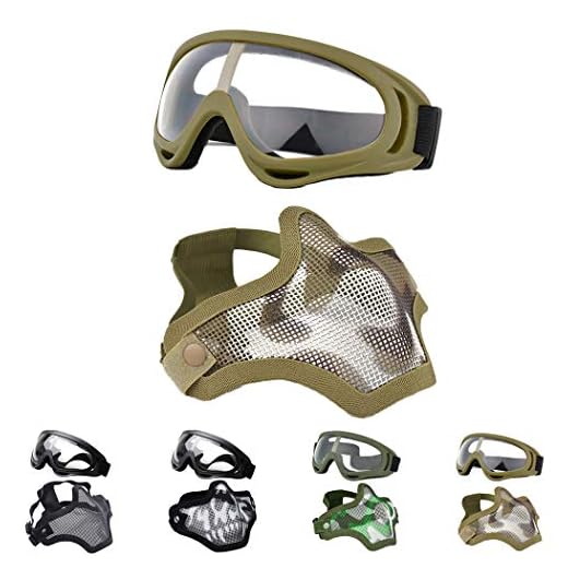 Outgeek Airsoft Half Face Mask Steel Mesh and Goggles Set for Halloween and Xmas (Khaki Set)