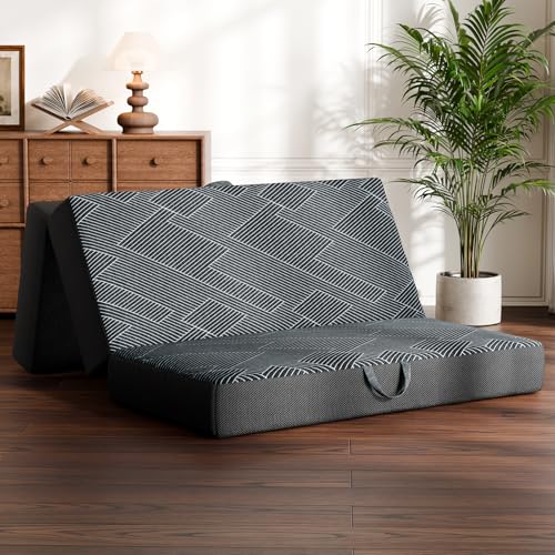 Tri Folding Mattress Twin Size - Foldable Mattress Trifold Memory Foam Mat with Washable Cover, Handle & Non-Slip Bottom, Portable Foldable Floor Sofa Bed for Travel Camping Guest - 6 Inch, 75'x38'x6'