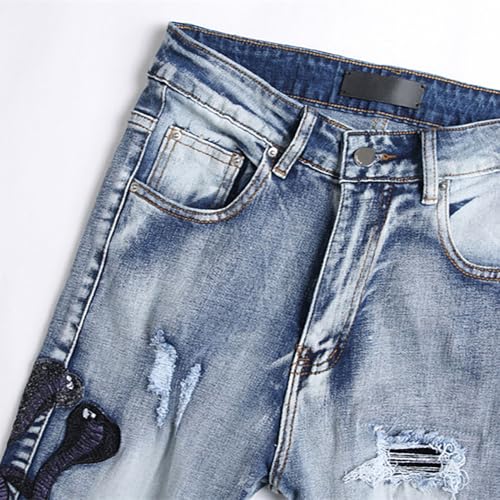 Men's Blue Embroidered Jeans, Ripped Stretch Slim Jeans, Jeans Versatile for Any Occasion,303