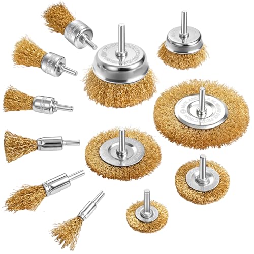YOOULIT Drahtbürste Bohrmaschine 12-teiliges Set Drahtbürste Akkuschrauber mit 6mm Sechskantstange hochwertige Stahl- & Messingbürste zum Entrosten Schleifen Polieren für Haus Garten Werkstatt