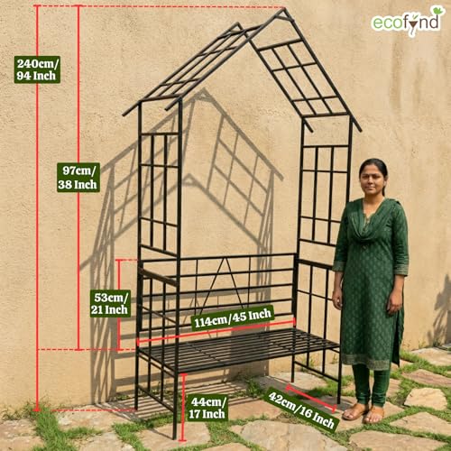 Image of ecofynd 8 Feet High x 3.7 Feet Wide 2-Seater Hut-Shaped Garden Bench, Metal Arbor Trellis for Climbing Plant with Outdoor Garden Chair, Backdrop Stand for Wedding Lawn Backyard Party Decor (GC002-BLK)