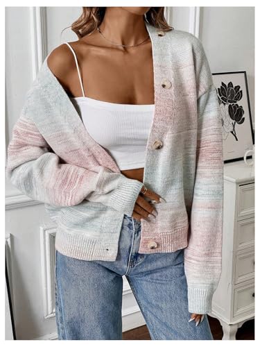 MakeMeChic Women's Ombre V Neck Sweater Button Down Long Sleeve Cardigan Drop Shoulder Outerwear4