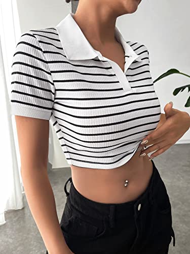 Image of Aahwan White Striped Slim Fit Crop Polo Collar Short Sleeve T-Shirt for Women's & Girl's