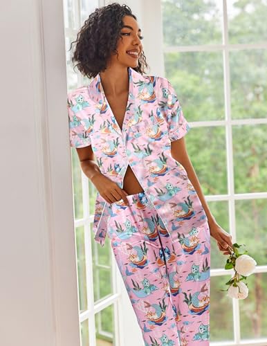 Image of Ekouaer 2 Piece Satin Short Sleeve Pajamas Set Button Down Sleepwear | Soft Pjs Set Classic Loungewear for Wedding, Party, Home, Daily Wear, Date Nights