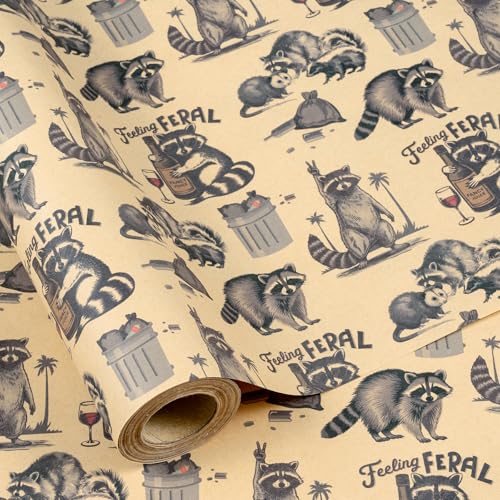 RUSPEPA Kraft Funny Feral Raccoon Wrapping Paper Roll Mini Roll Black Cute Trash Friends Raccoon & Opossum Cartoon Design Vintage Kraft Gift Wrap for Friends Birthday Party 17 Inches x 16.4 Feet