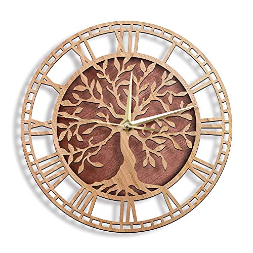 The Geeky Days Tree of Life Laser Cut Wooden Wall Clock Family Tree Art Farmhouse Style Battery Operated Silent Quartz Wall Watch Housewarming Gift