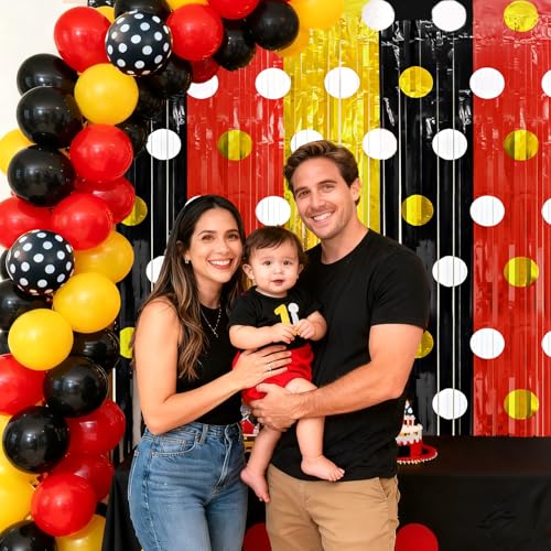 Image of 2 Packs Red Black Yellow Foil Fringe Curtain, Mouse Polka Dots Glitter Metallic Tinsel Backdrop for Birthday Baby Shower Cartoon Mouse Party Decorations Supplies