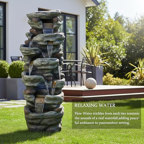 Image of SunJet 51 inch High Multi-Tiers Cascading Rock Outdoor Water Fountain with LED Lights - Large Outdoor Fountains and Waterfalls for Garden or Patio, Yard, and Deck Decor, Featuring Natural Stone Look