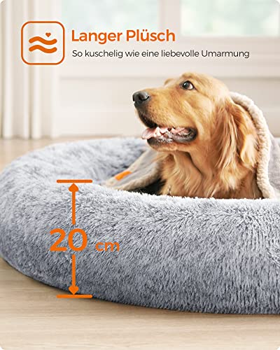 Feandrea Hundebett flauschig, Katzenbett, Donut Kissen, waschbar, Polsterung in der Mitte herausnehmbar, Langer Plüsch, 120 cm Durchmesser, Ombré-Grau PGW043G01