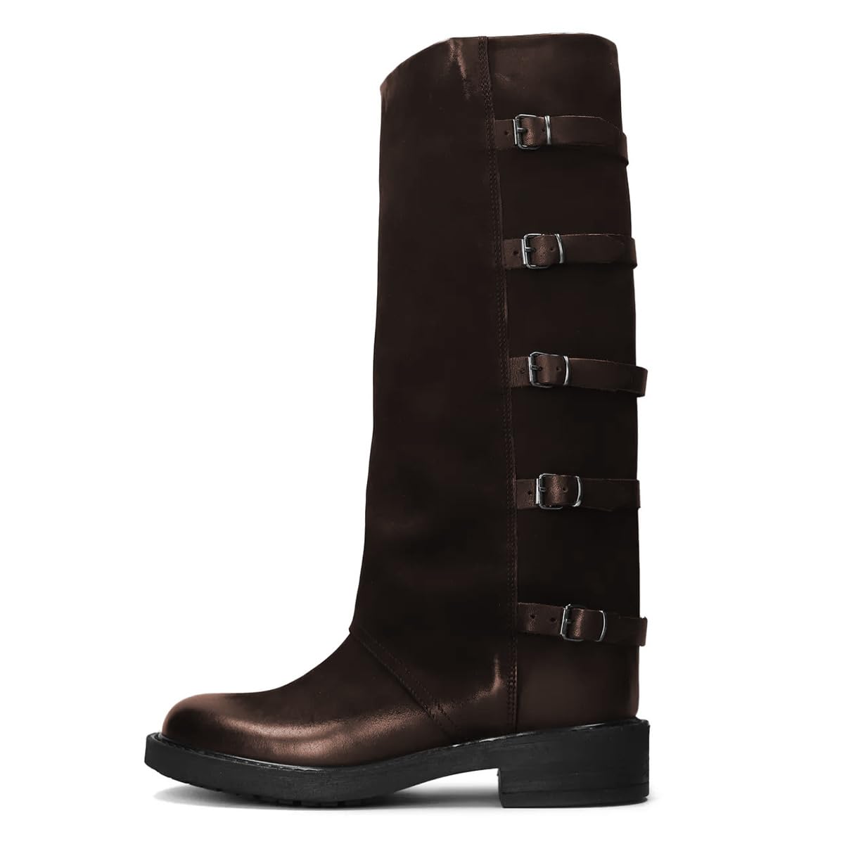 FSJ Women Knee High Boots with Five Buckle Belted Straps Round Toe Flat Low Heels Combat Boots Motorcycle