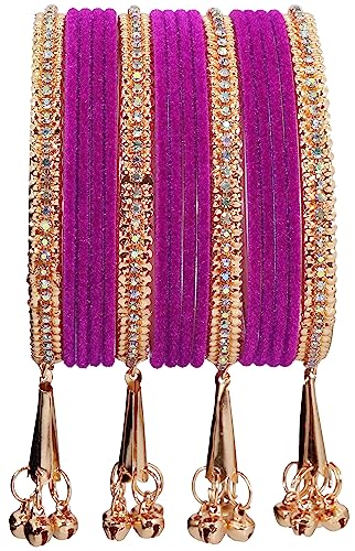 Image of NMII Metal with Zircon Gemstone and Velvet Studded Bells Latkan Bangles Set For Girls and Women I Latkan Bangles, Premium Bangle Bracelet Set I Pack of 16 Bangles