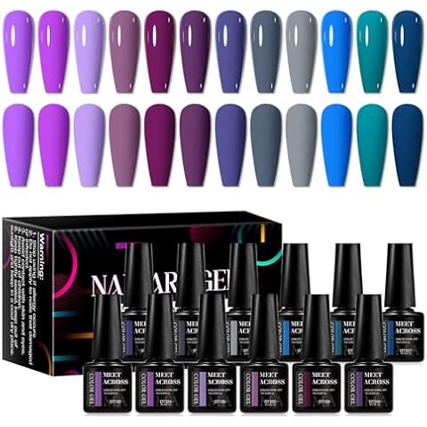MEET ACROSS 12pcs Gel Nail Polish Set,Soak Off UV LED Lamp Gel Nail Polish Kit,Fashion Shimmer Nail Art Design Gifts for Women Manicure Salon (Blue Purple) Cover