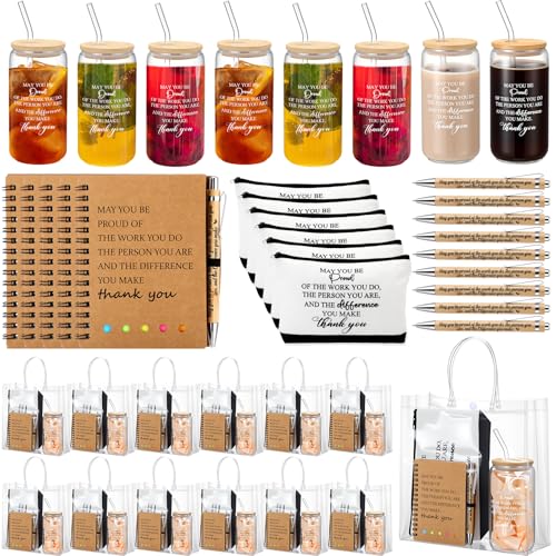 Yeyeplum 60 Pcs Employee Appreciation Gifts Bulk Inspirational Glass Cup Makeup Bag Bamboo Pen...