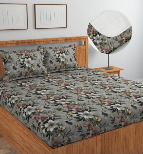 Image of Premium Cotton Fitted Bedsheet King Size 78 x 72 x 8 Inches with 2 Pillow Covers | 220 TC | All-Around Elastic Deep Pocket Bed Cover | Grey Floral