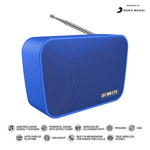 Image of Acoosta SUNO Hits - Powered by Sony Music, 1000 Preloaded Songs - 7 Stations & 250 Artists, Portable Wireless Bluetooth Speaker with Mic, FM Radio, USB, Aux in, Aux Out, True Wireless Stereo - (Blue)