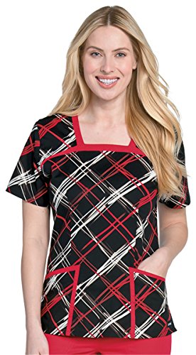 Landau Women's Square Neck Plaid Print Scrub Top X-Small Print