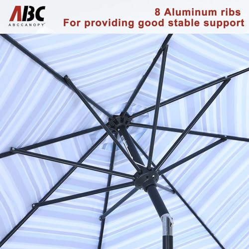 Image of ABCCANOPY Patio Umbrella 9ft, Outdoor Table Umbrella with Push Button Tilt and Crank, 8 Ribs Umbrella for Patio Pool Garden Deck (Blue Stripes)