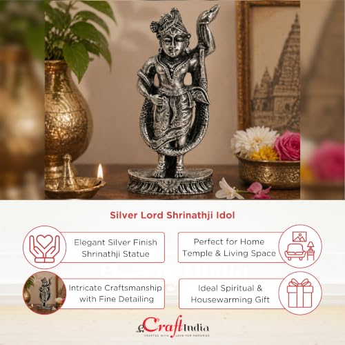Image of eCraftIndia Lord Shrinathji Idol | Silver Finish Shrinathji Statue | Decorative Spiritual Showpiece for Home Decor & Gifting | Hindu God Murti for Temple & Living Space