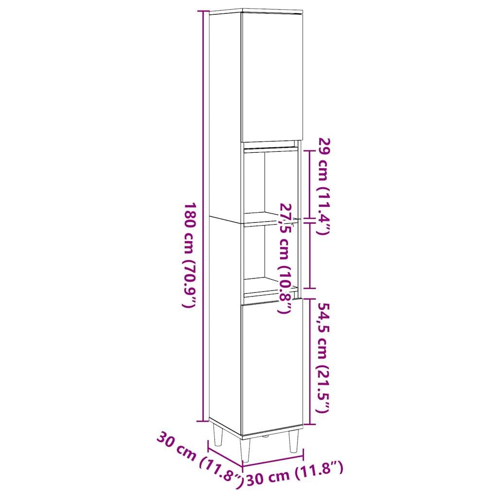 Armadietto da bagno grigio cemento, 30 x 30 x 190 cm, in legno con 6 scomparti e 2 ante, gambe in legno massiccio di eucalipto, spazio per bagno, WC degli ospiti, mobiletto sottolavabo