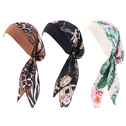 Eralove 3 Packs Women Vintage Elastic Wide Band Chemo Scarf Soft Stylish Turbans Night Sleep Hat Cap (Style 1)