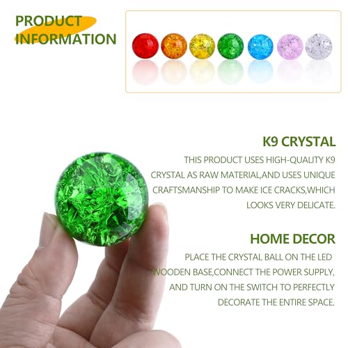 7 Colors Ice Cracked Balls with LED Wooden Base 40mm Healing Sphere Balls Set Crystal Chakra Night Light Decor for Home
