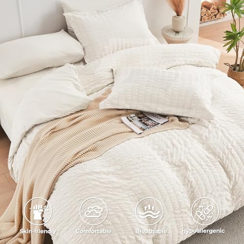 Image of HYMOKEGE Ivory King Size Comforter Set Seersucker 7 Pieces, All Season Luxury Bed in a Bag for Bedroom, Bedding Set with Comforters, Sheets, Pillowcases & Shams