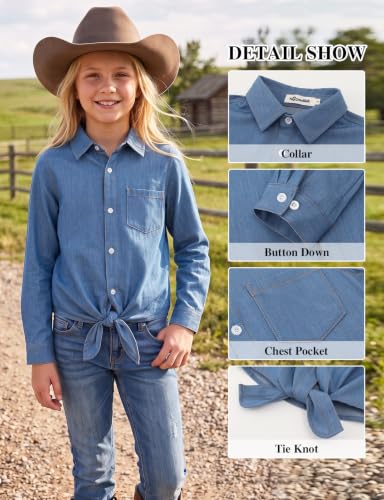 Image of Noomelfish Girls Long Sleeve Button Down Shirt Tie Front Western Tops Cowgirl Outfit (5-14 Years)