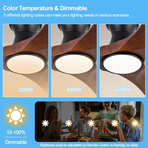Image of 42 Inch Wood Flush Mount Ceiling Fans with Lights and Remote, Dimmable 3 Blade Wood Bedroom Ceiling Fan Outdoor Ceiling Fans for Patios Low Profile Ceiling Fan with Light for Bedroom Living Room