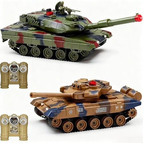 Fistone RC Battle Tank Set, 1/24 Scale 2.4G Remote Control T90 Tank and Leopard Battle Tank with Realistic Sounds, Lights, Life Indicators and Spray Military Toys for Kids and Adults