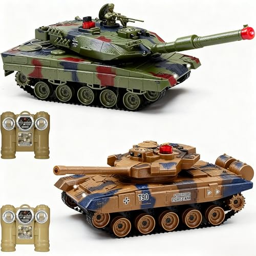 Fistone 1/24 RC Battle Tank Set - Remote Control T90 & Leopard Tanks with Realistic Sounds, Lights...