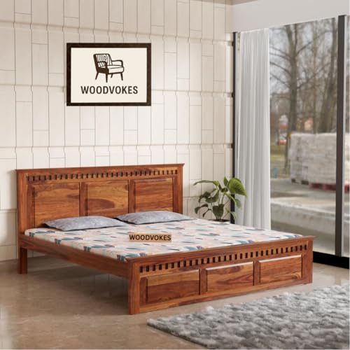 Image of Sheesham Wood Bed Without Storage Solid Wooden Cot Bed Elegant and Functional Bedroom Living Room Home(Honey, Queen)