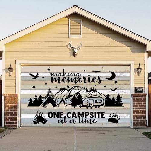 Camping Garage Door Cover Banner Decorations, Happy Camper Campfire Forest Themed Outdoor Car Garage Door Murals Buddy Decorations Camp Backdrops Party Wall Decor Large 13 X 6 Ft