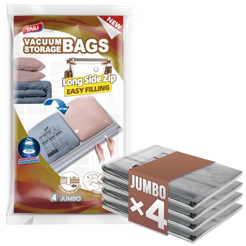 Image of TAILI 4 Pack Vacuum Storage Bags, Jumbo LONG SIDE ZIP(39x28 inch), Clear | Vacuum Seal Bags for Clothing, Space Saver for Beddings, Comforters, Blankets, Pillows
