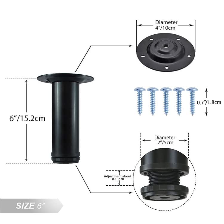 Image of QLLY 6 Inch Adjustable Metal Coffee Table Legs, Heavy Duty Round Furniture Legs with 1 inch Leveling Feet for Ottoman, Bench, End Table and Sofa Replacement, Set of 4 (Black)
