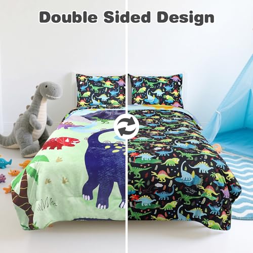 Image of Boys Twin Bedding Set, Dinosaur Twin Comforter Set for Boys Kids Bedding Set with 1 x Reversible Comforter, 1 x Fat Sheet, 1 x Fitted Sheet, 2 Pillowcases, Dinosaur
