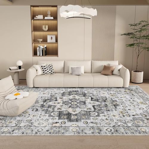 Tapis lavable en machine gris 150x180 décor vintage bohème chic - 3