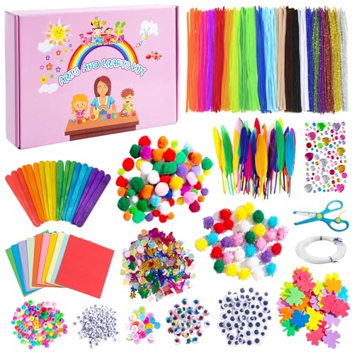 Kit Lavoretti Creativi per Bambini, 1200 Pezzi DIY Art Craft Set, Include tutti i materiali, scatola con pompon, scovolini, occhietti finti, perline, kit bambini creativi dai 4 ai 12 anni