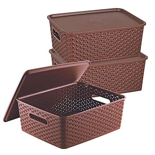 Image of SKI H5 Fashion Multipurpose Storage Basket With Lid Set 3 SIZE -36cm X 30cm X 14 cm (Large, Brown)