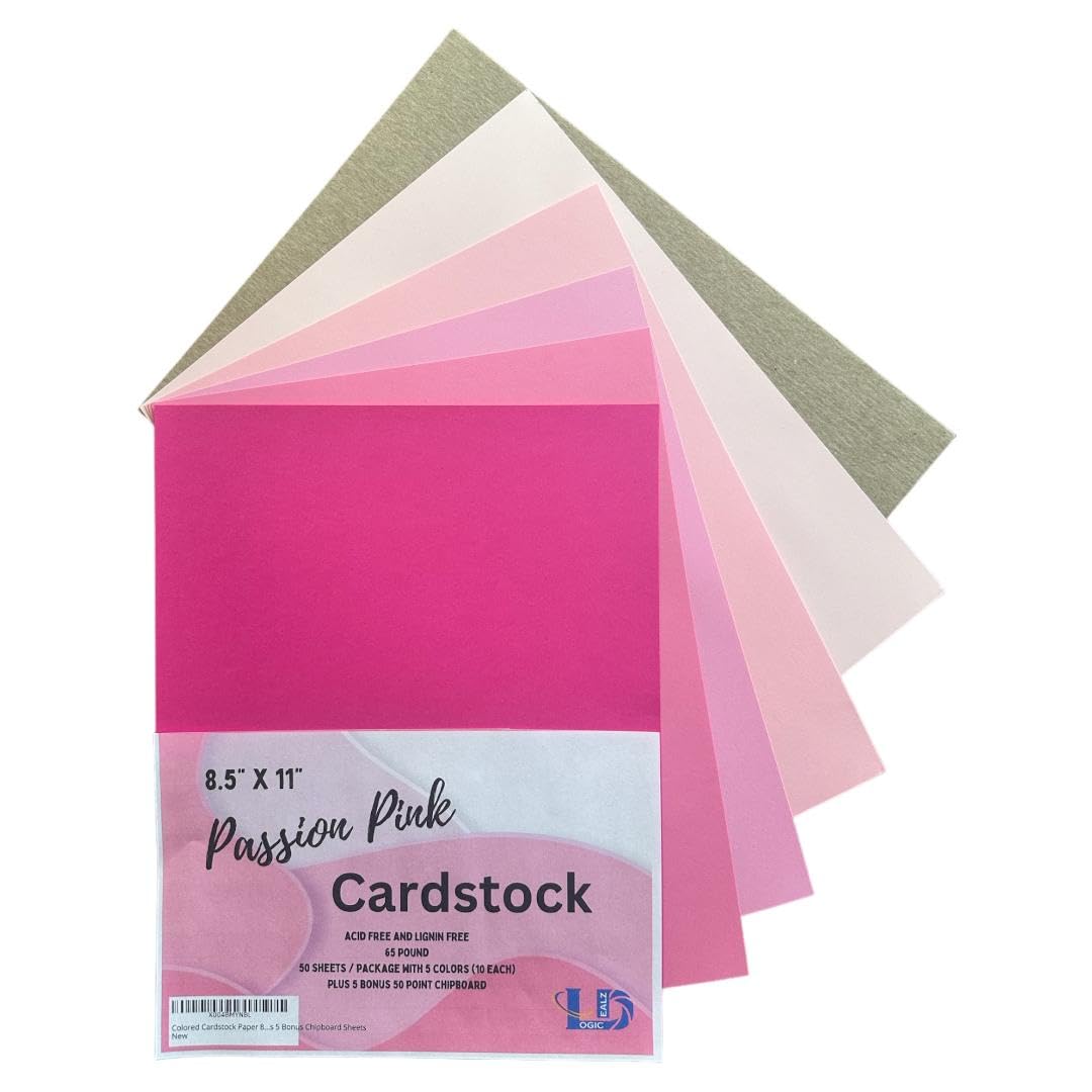 Colored Cardstock Paper 8.5" x 11" with 5 Assorted PINK Colors | 65lb Smooth Texture | Solid Core Card Stock for Scrapbooking, Card Making and Crafts | 50 Sheets | Includes 5 Bonus Chipboard Sheets